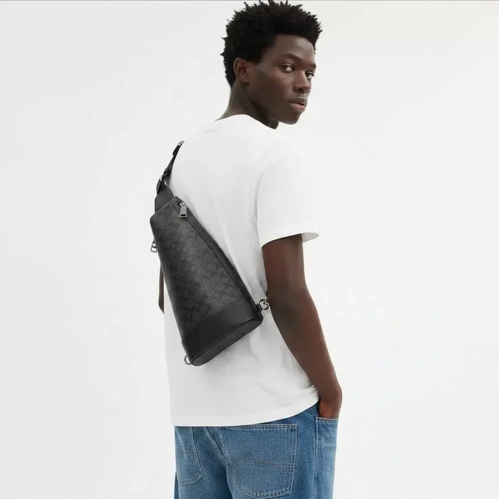NWT Coach CY801 Dominic Sling Pack Signature Canvas Charcoal Black Gunmetal